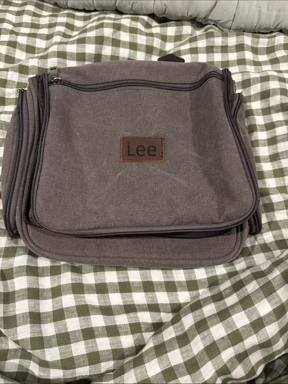 Lee Men's Toiletry Bag in Charcoal Gray with Brown Patch